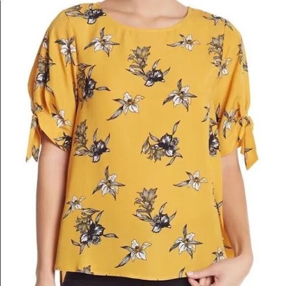 everleigh Tops - Everleigh Yellow Floral Blouse with Tie Sleeves